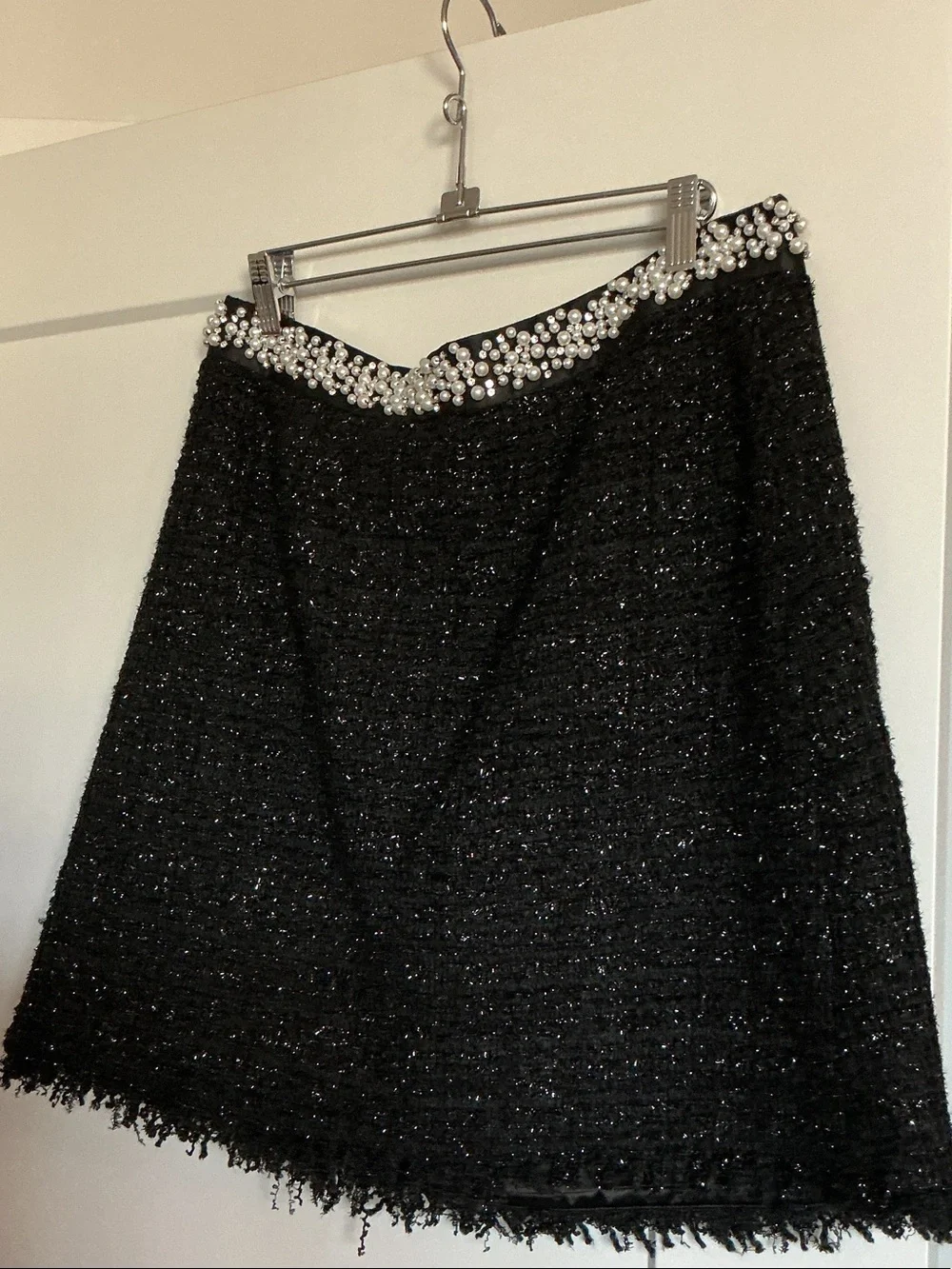 Black Tweed A-Line Pearl Trim Skirt